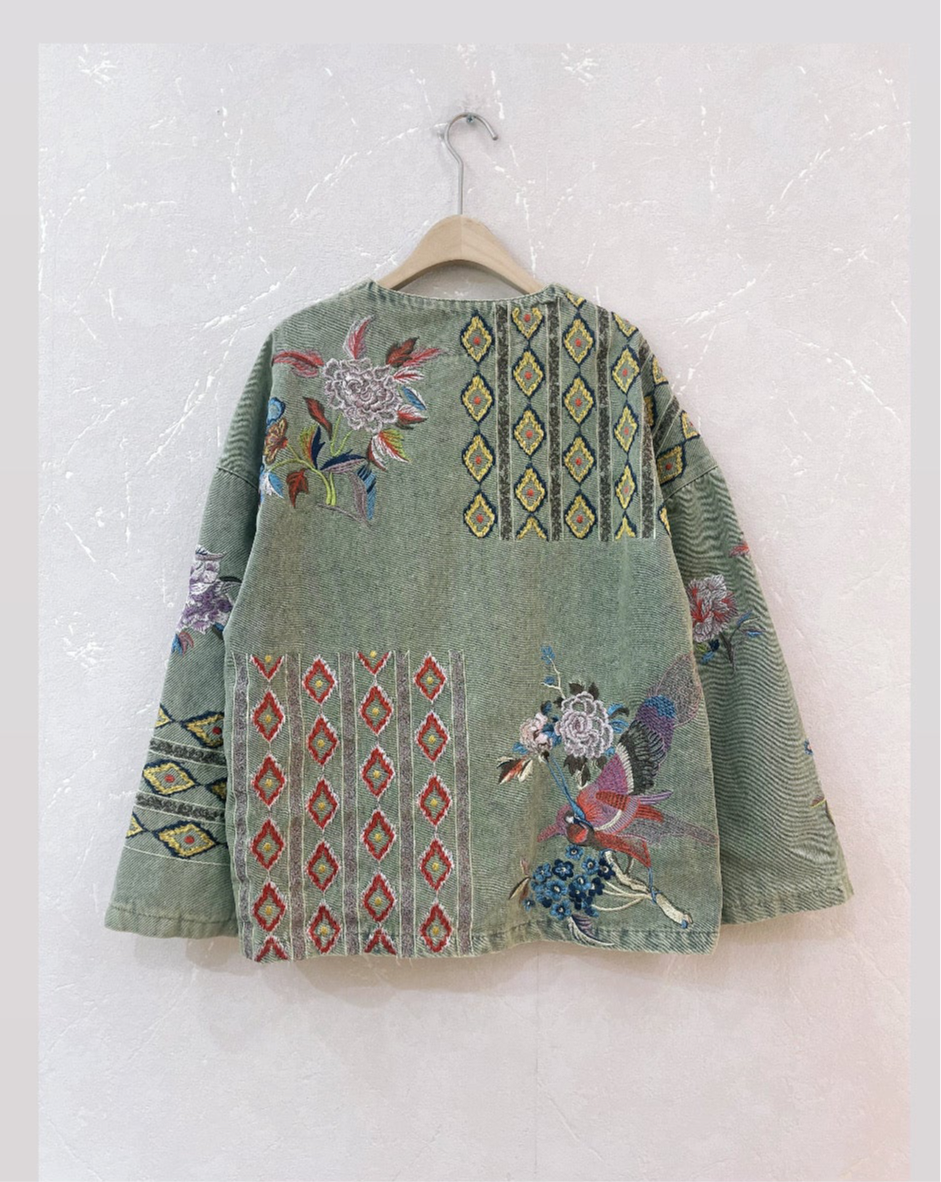 Embroidery Olive Denim