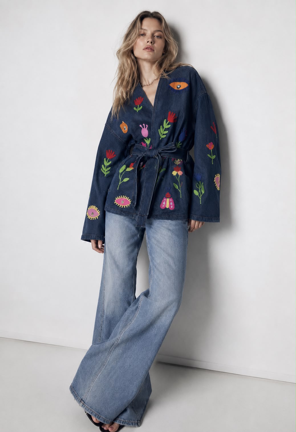 Jacket blue denim eyes embroidered