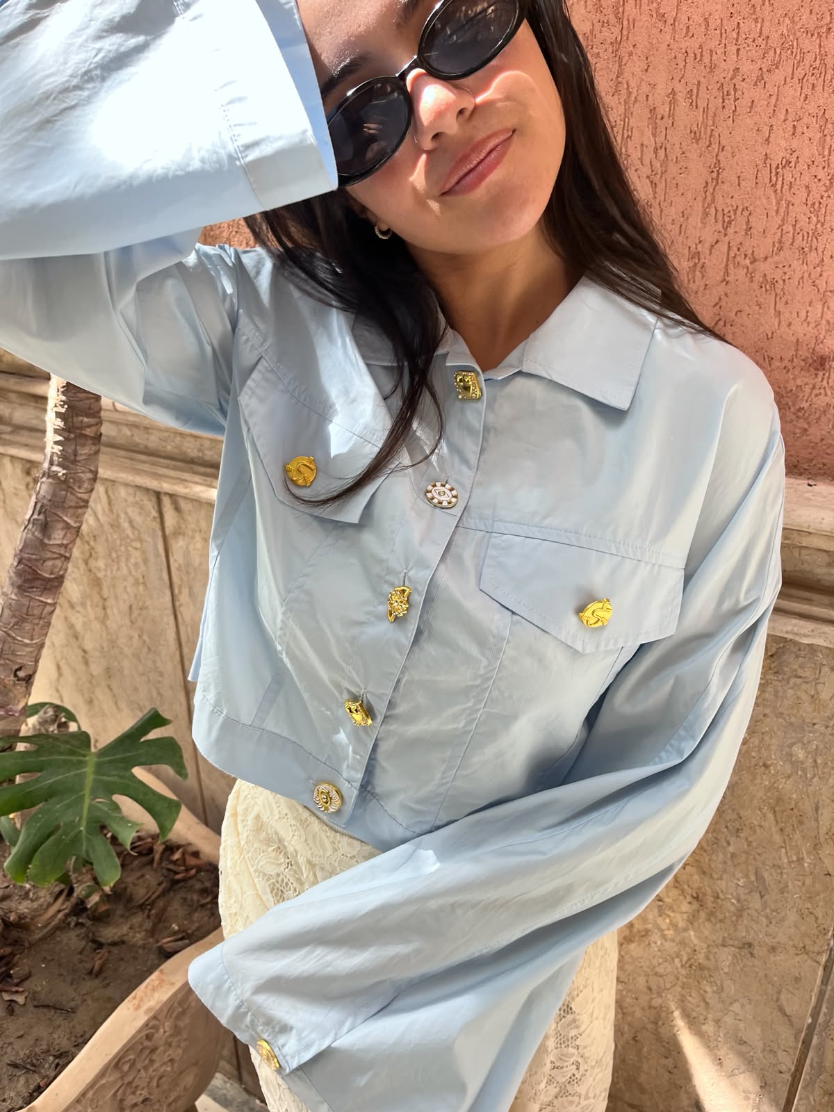 Shirt blue button gold