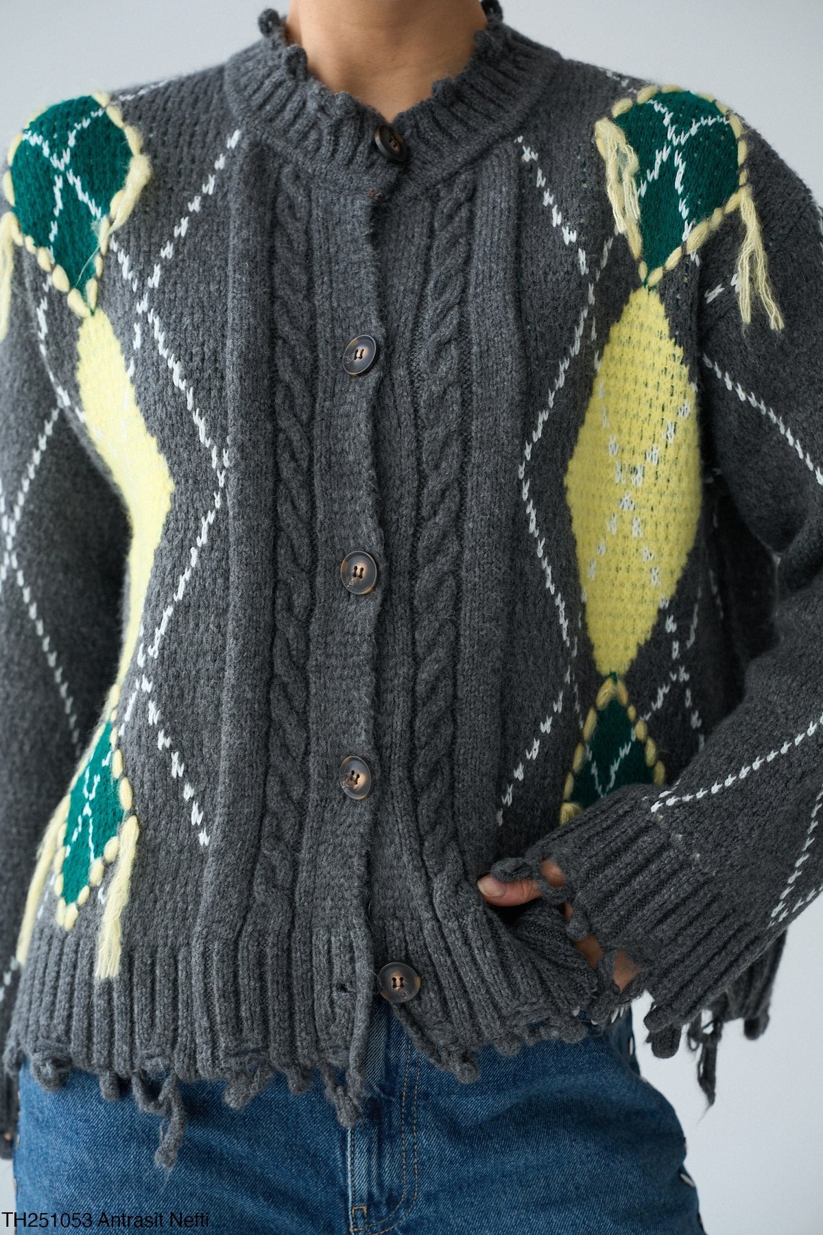 Cardigan argyle grey yellow