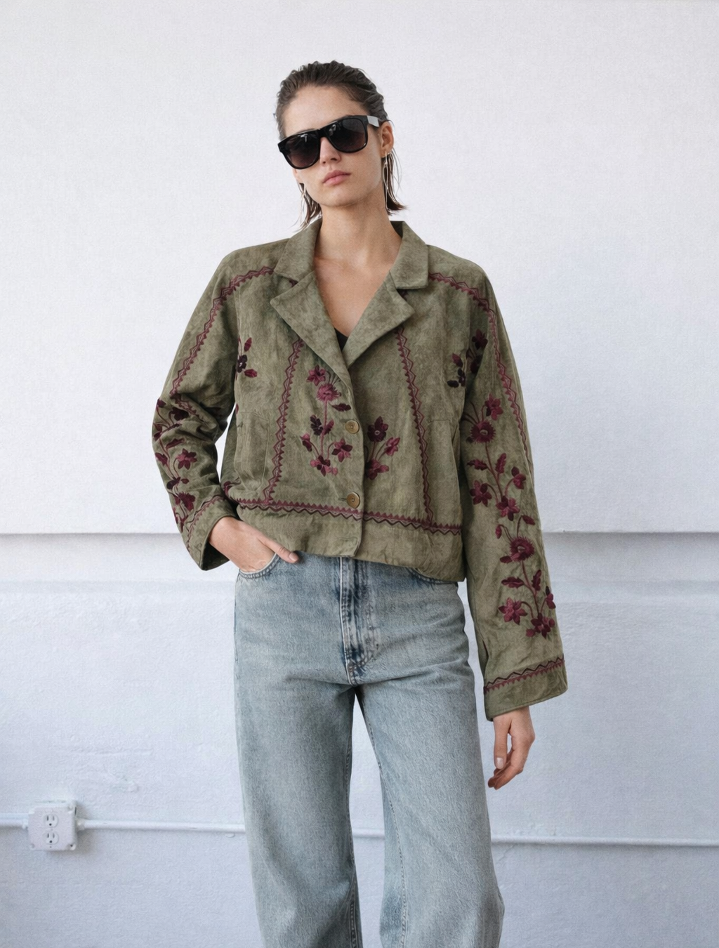 Jacket suede olive embroidery burgundy