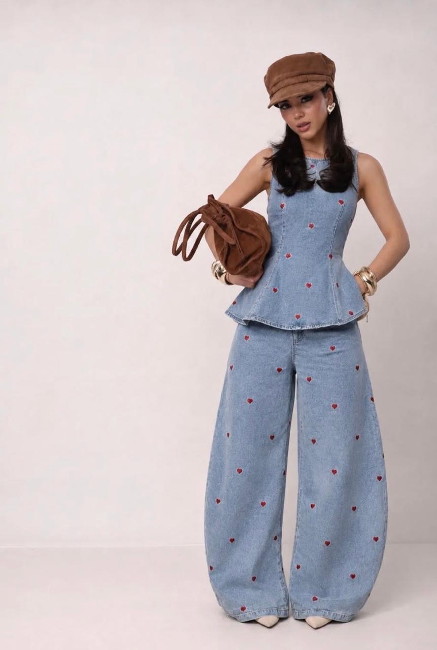 Set polka hearts denim