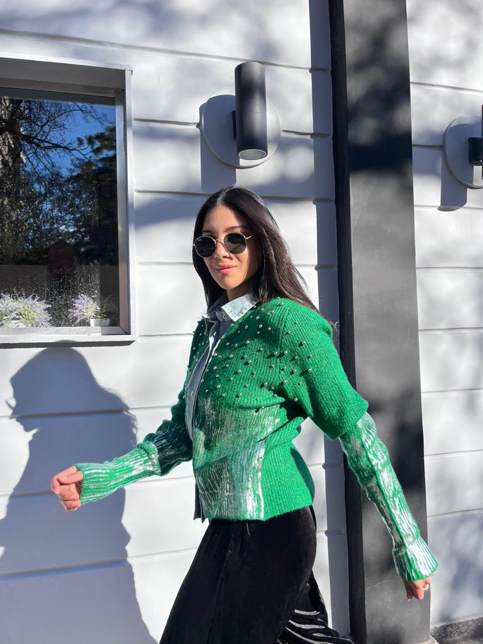 Pullover green denim mix pearl