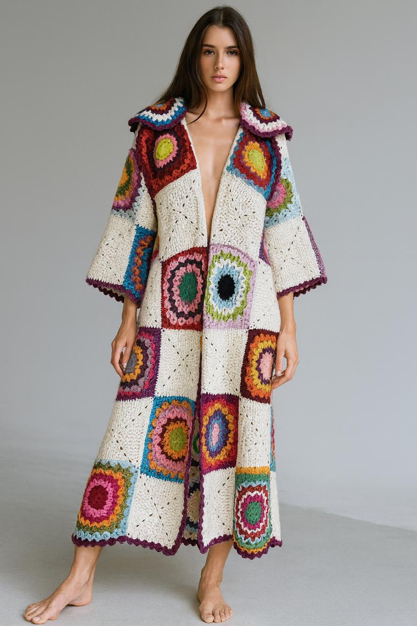 Crochet long colorful kimono