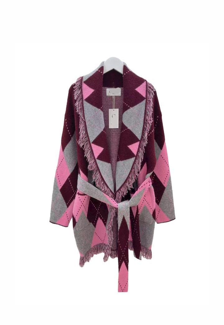 Cardigan argyle pink burgundy