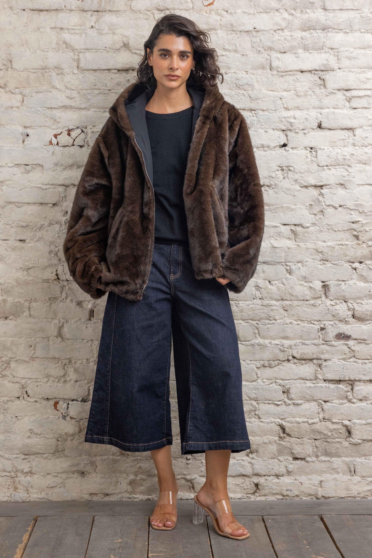 Jacket double face black brown fur