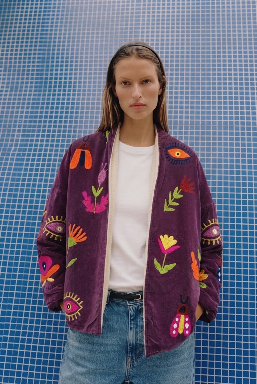 Jacket embroidery burgundy bees
