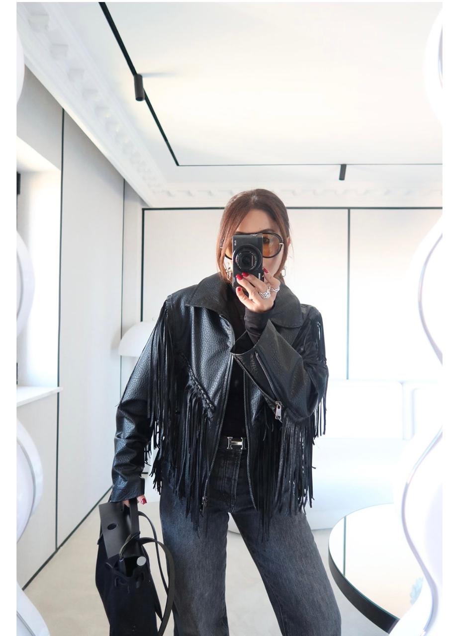Jacket fringes leather black