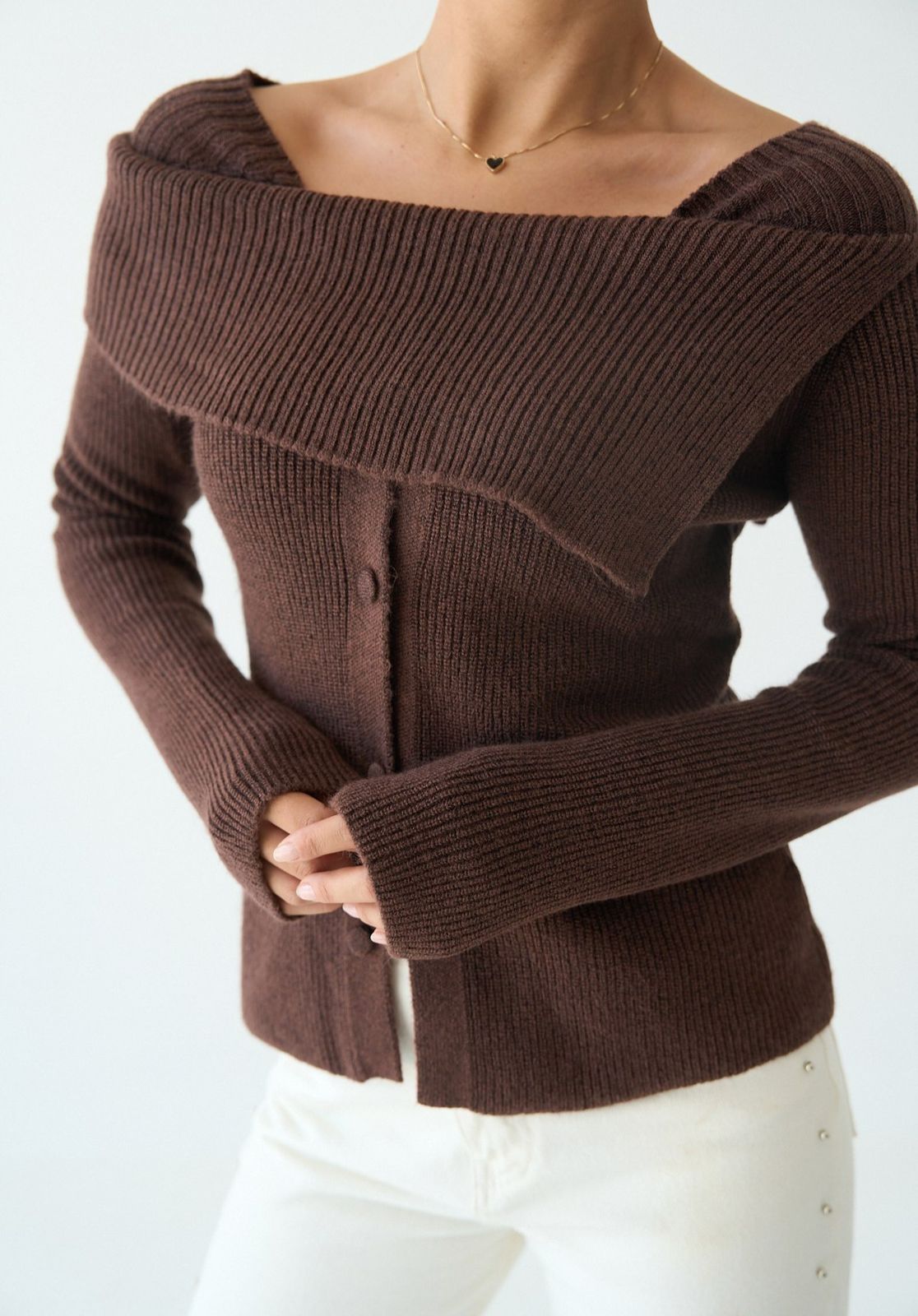 Brown Knit Button Plain