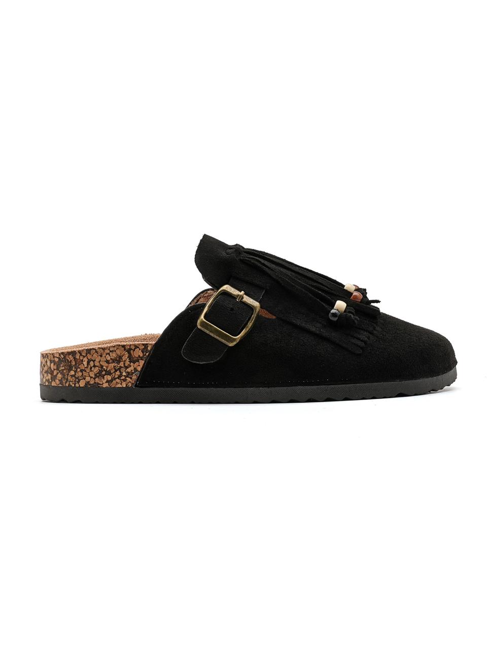 Flat Half Fringes Slippers Black