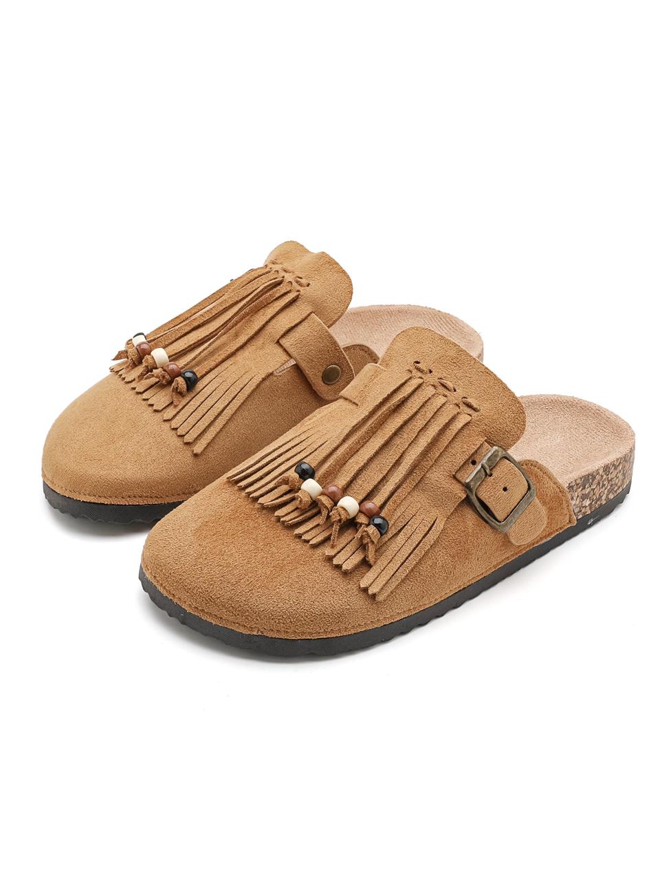 Flat Half Fringes Slippers Camel