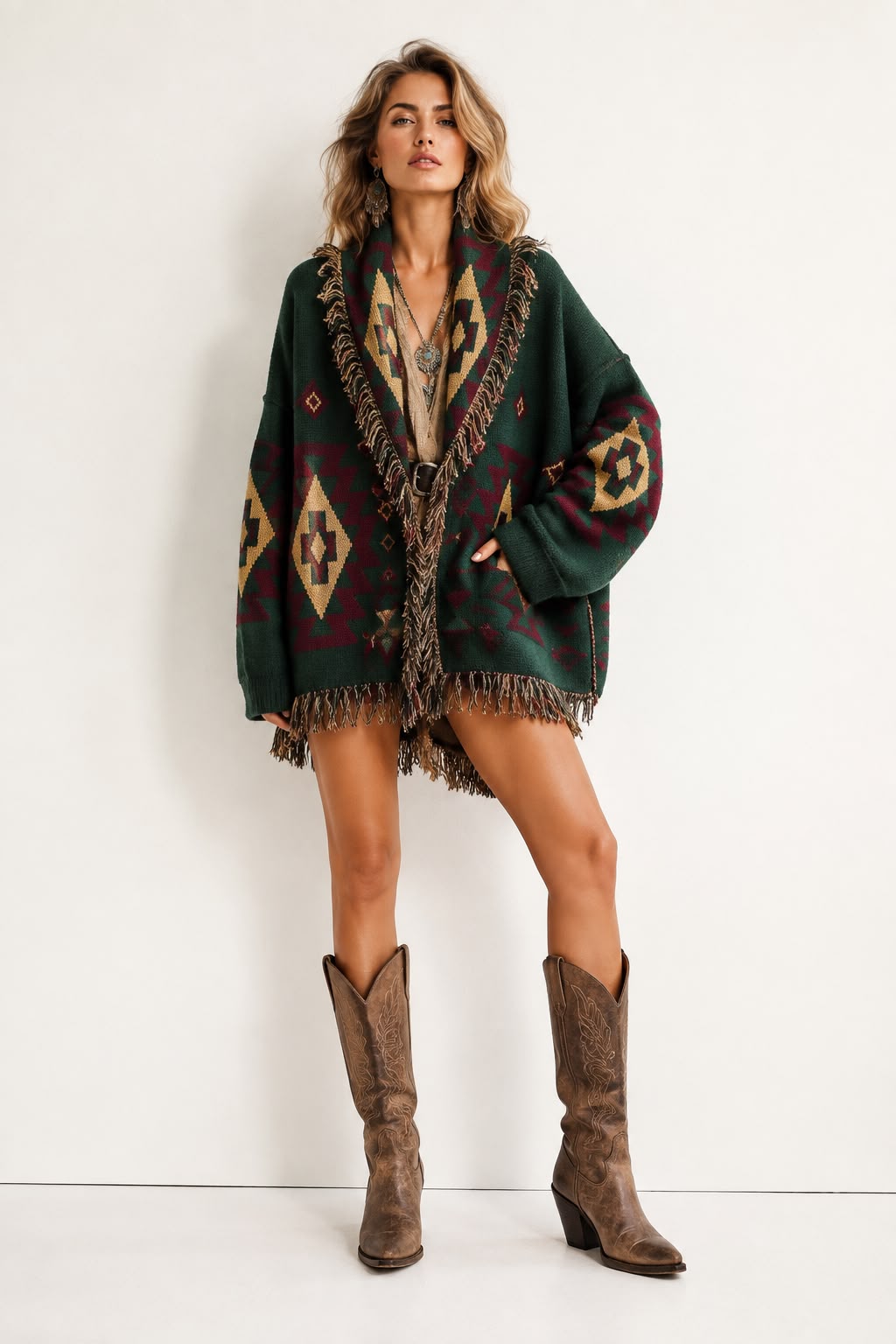 Cardigan zigzag green x burgundy