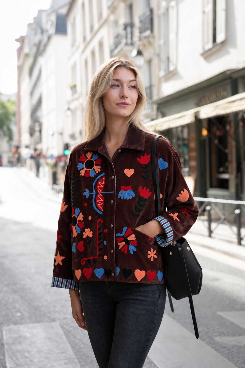 Jacket embroidered suede brown