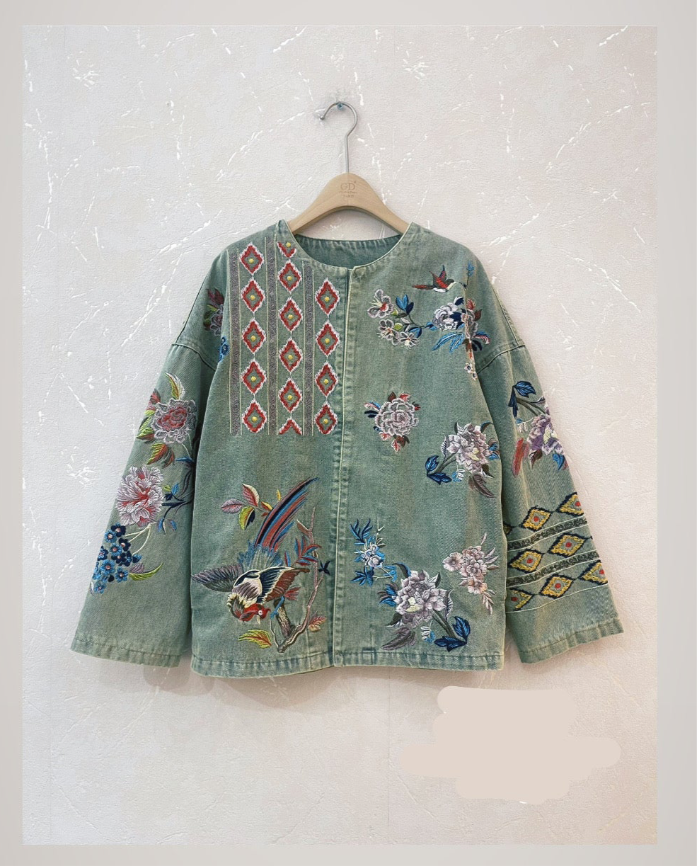 Embroidery Olive Denim