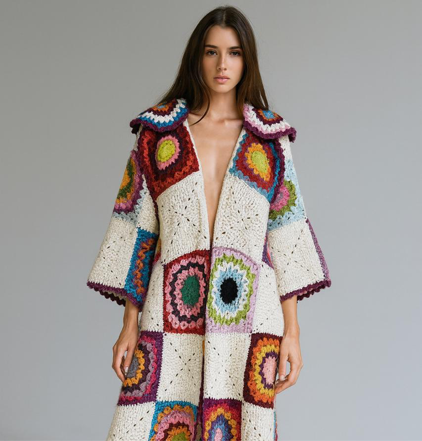 Crochet long colorful kimono