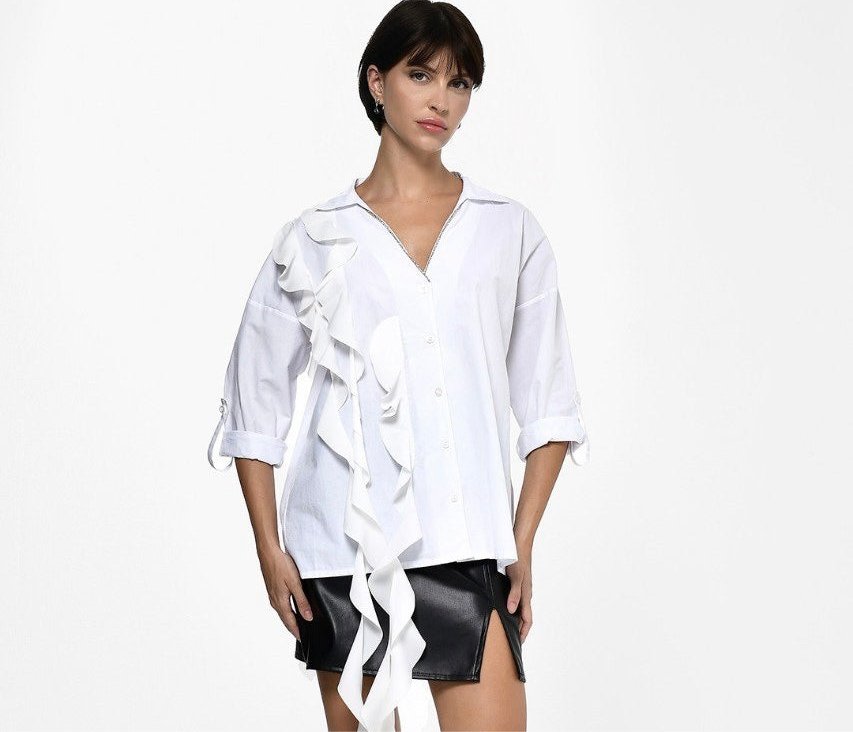Cotton White Shirt With Ruffle