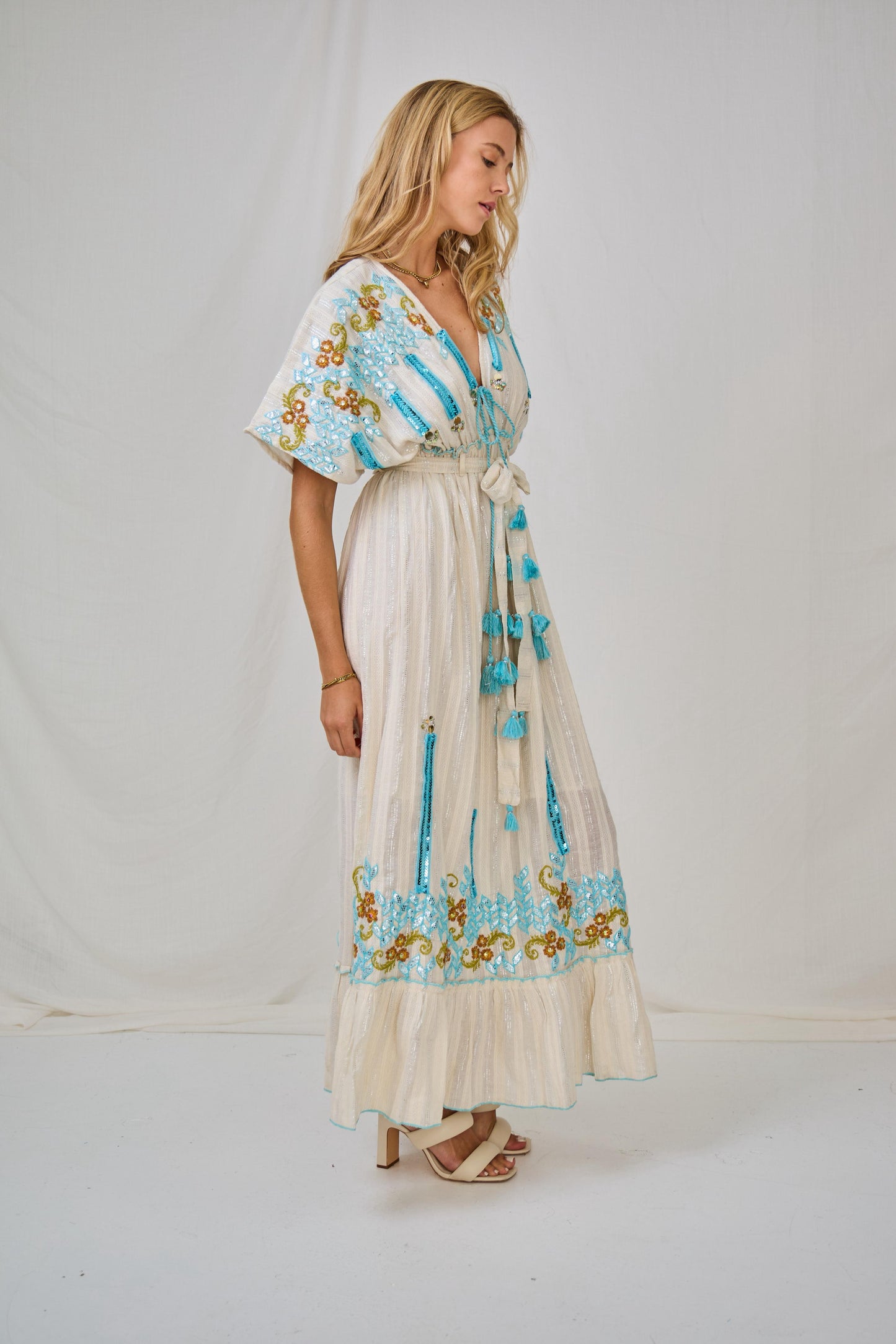 Dress Embroidery Boho Aqua