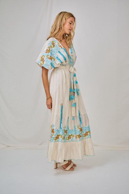Dress Embroidery Boho Aqua
