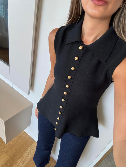 Vest Black Gold Button