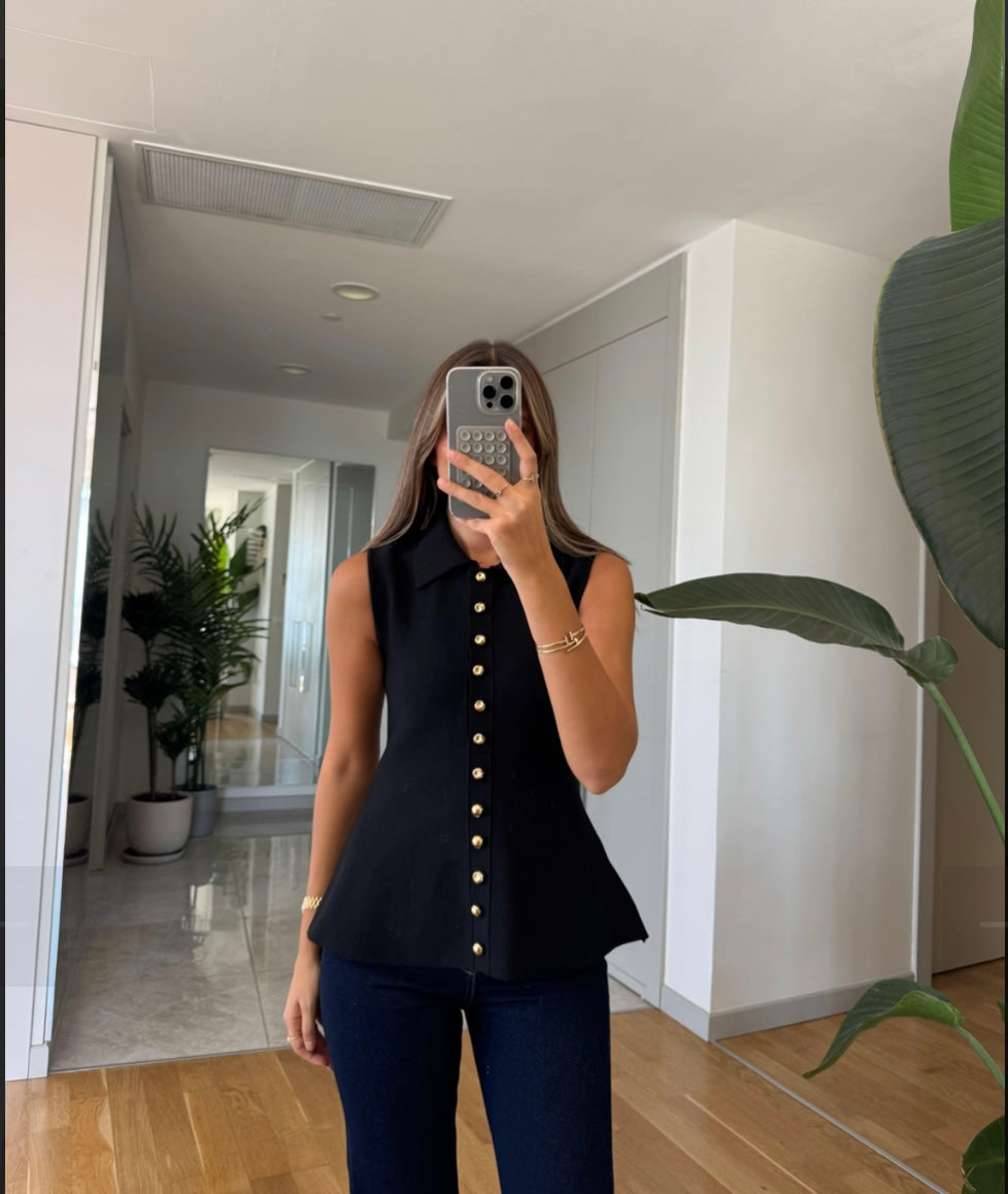 Vest Black Gold Button