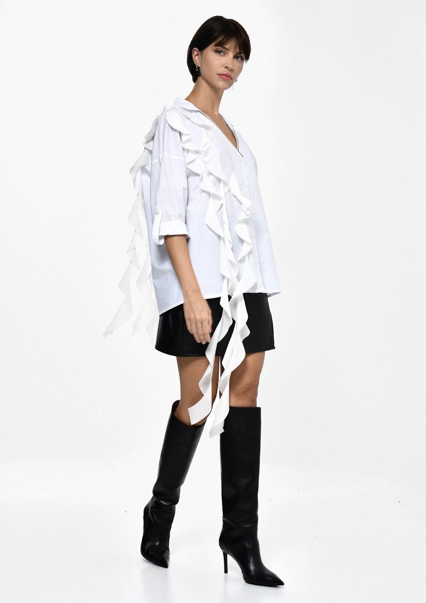 Cotton White Shirt With Ruffle