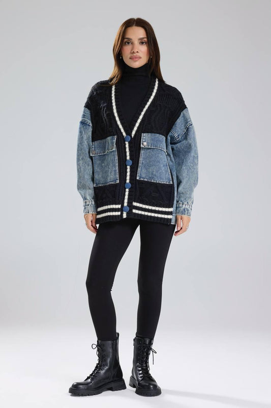 Black knit denim pockets