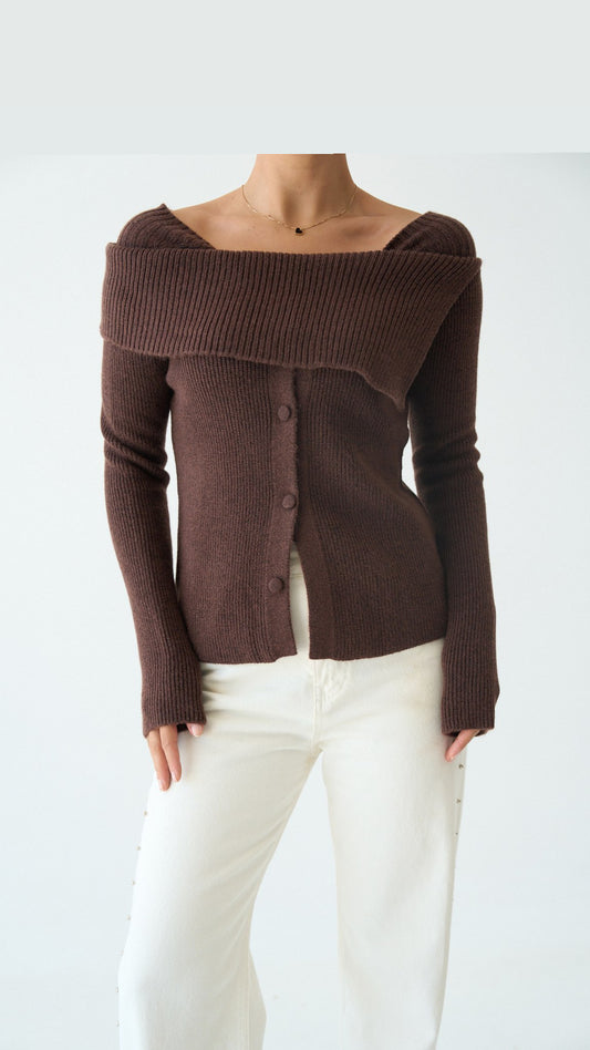 Brown Knit Button Plain