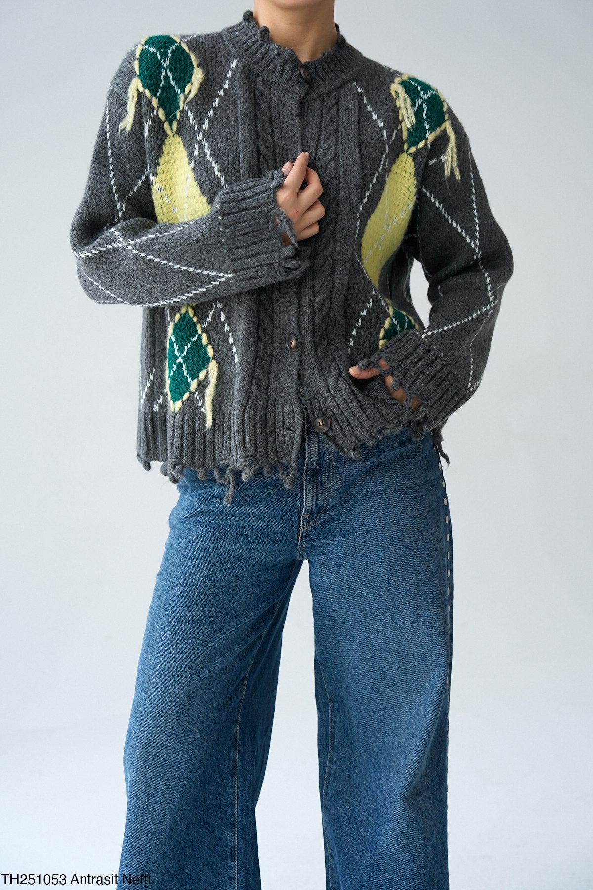 Cardigan argyle grey yellow