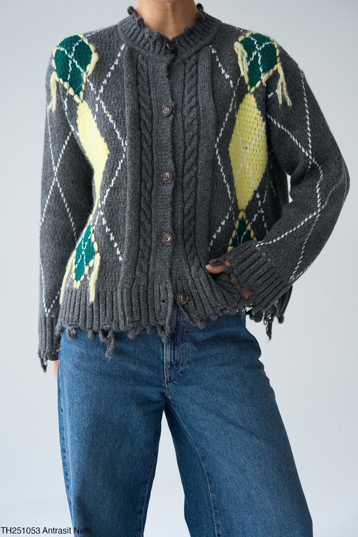 Cardigan argyle grey yellow