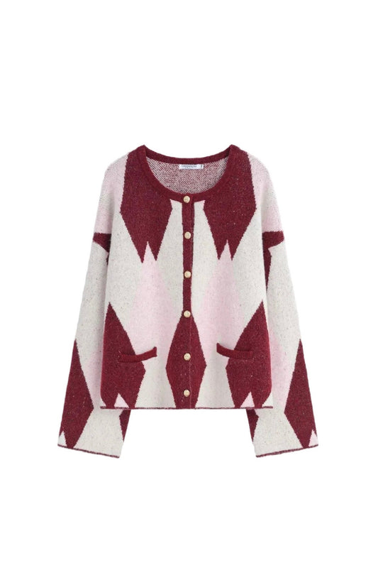 Cardigan argyle pink burgundy