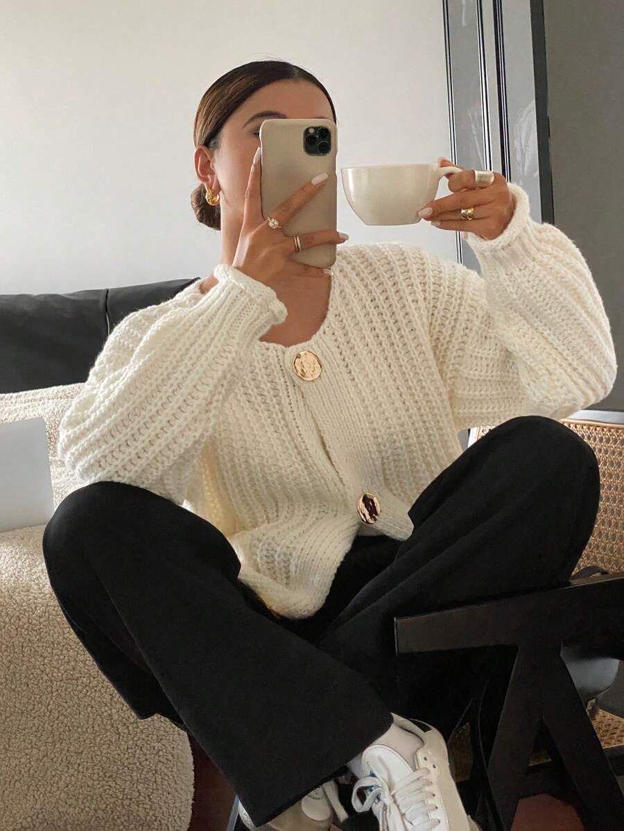 Off White Knit gold button