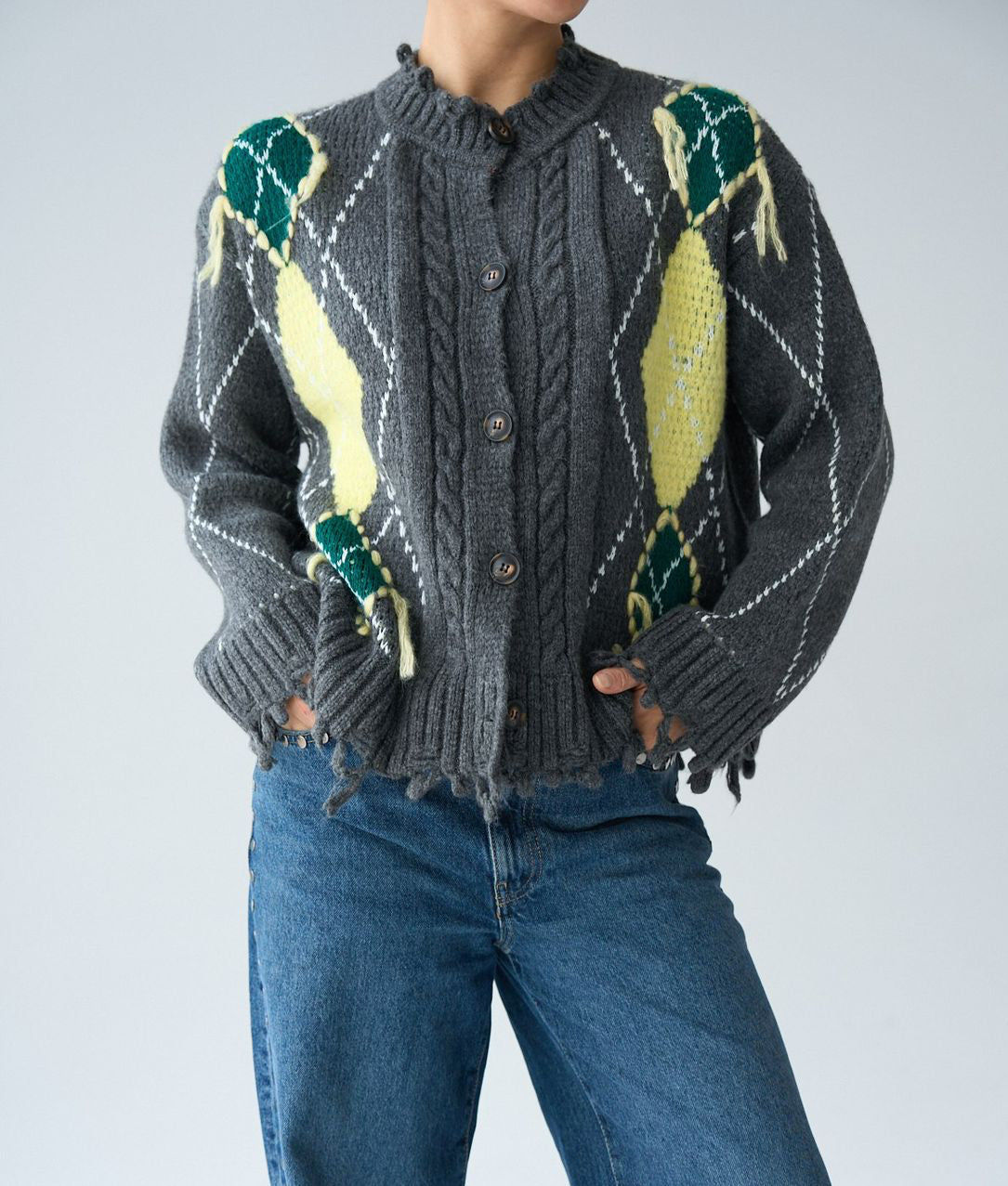 Cardigan argyle grey yellow