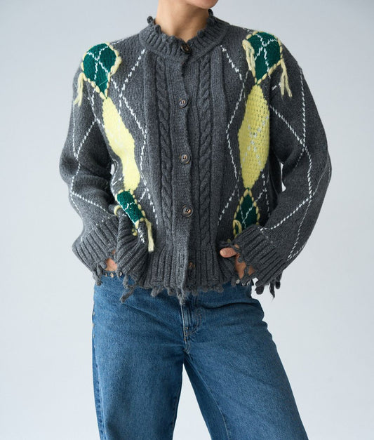 Cardigan argyle grey yellow