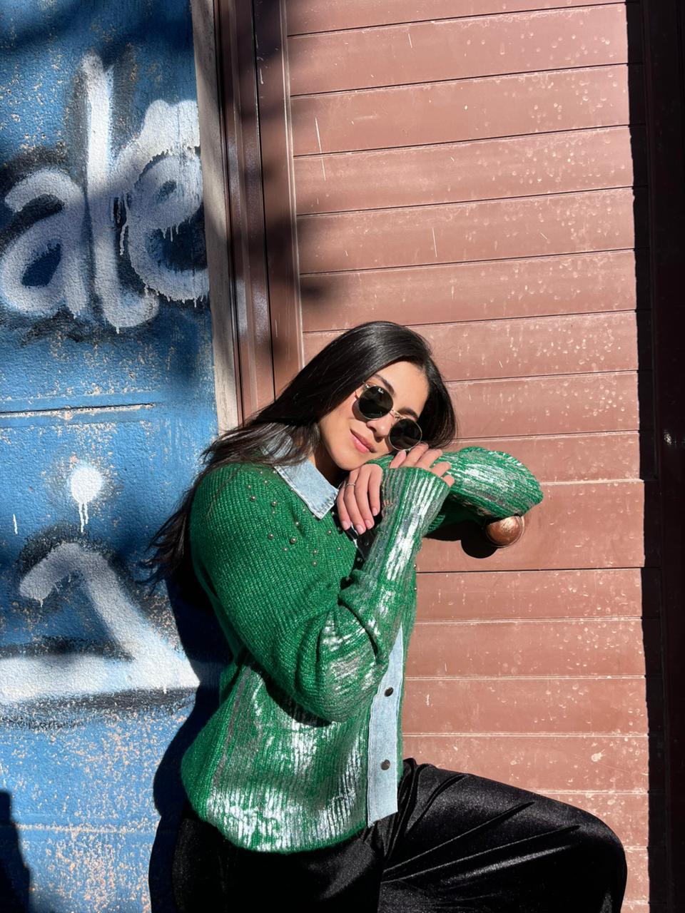 Pullover green denim mix pearl