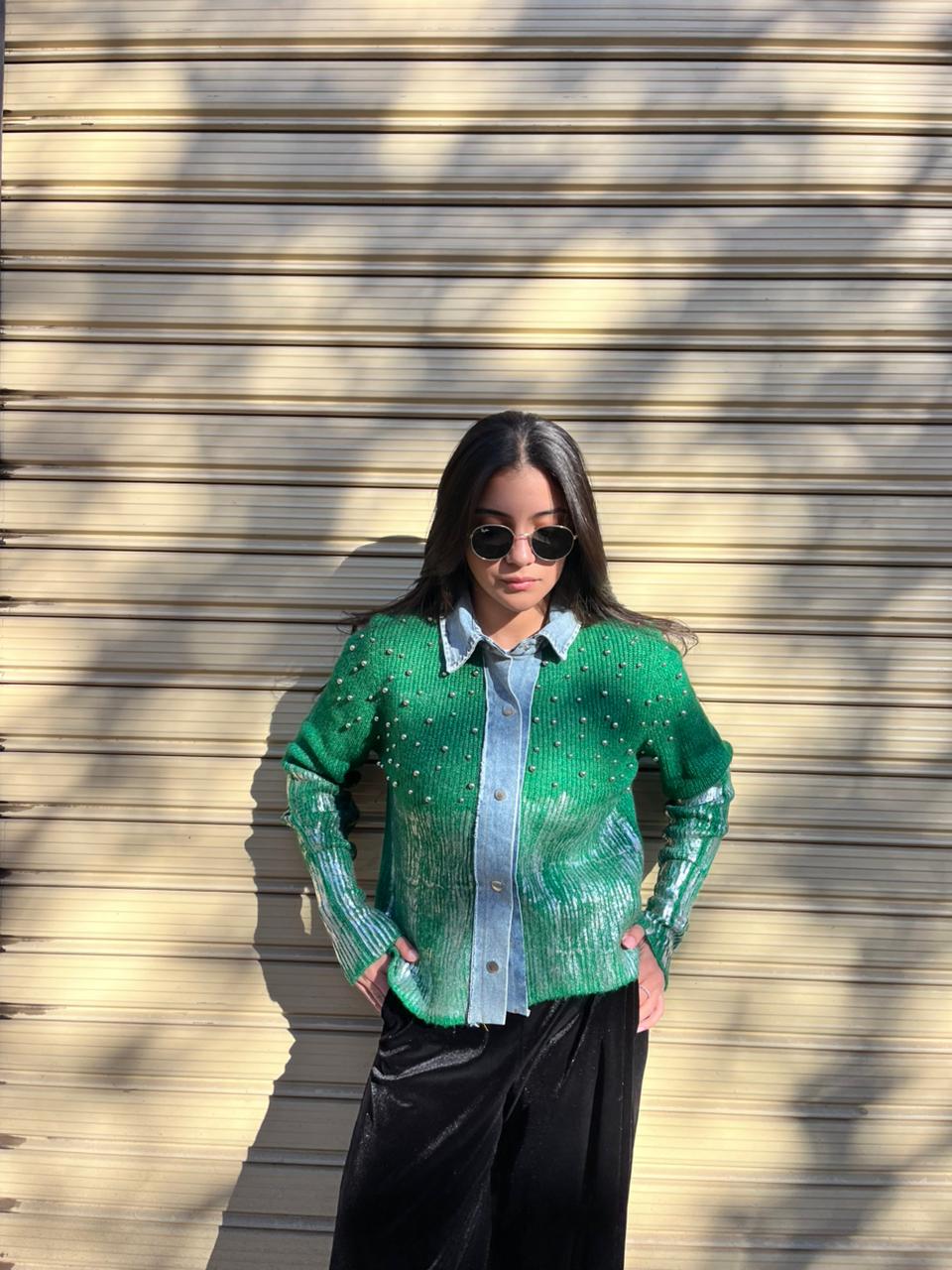 Pullover green denim mix pearl