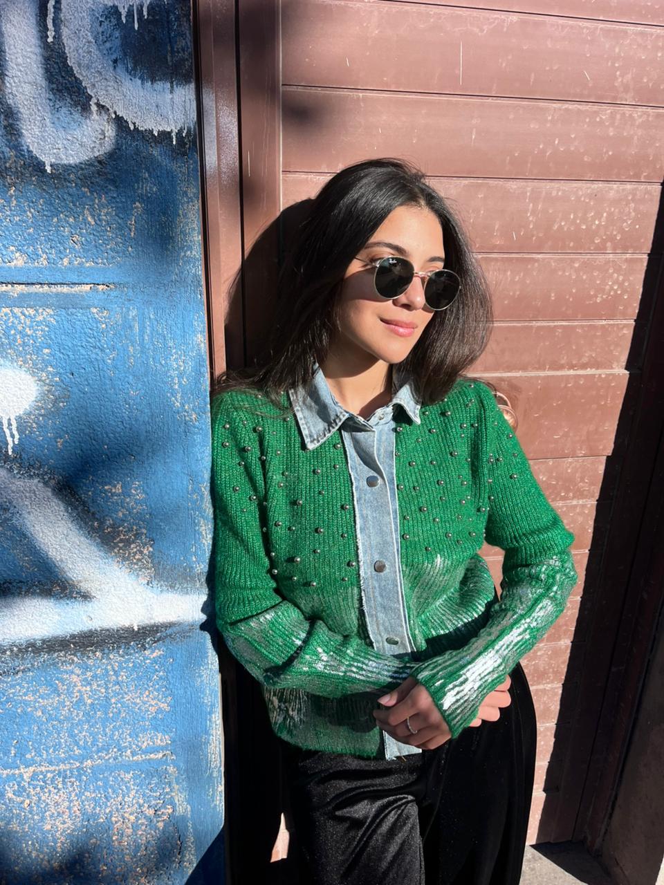 Pullover green denim mix pearl