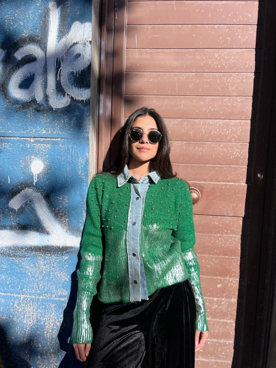 Pullover green denim mix pearl