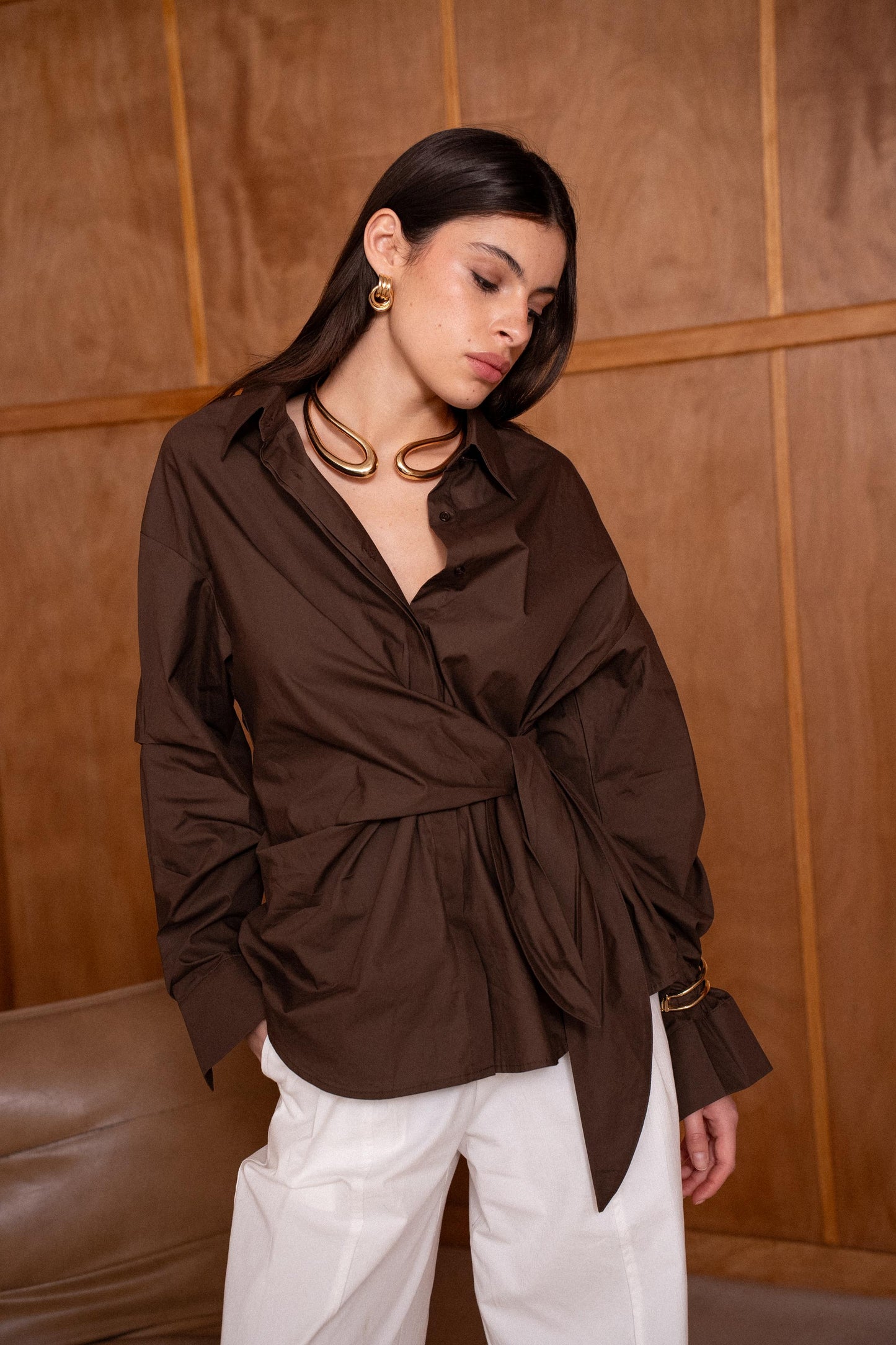 Shirt brown ribbon