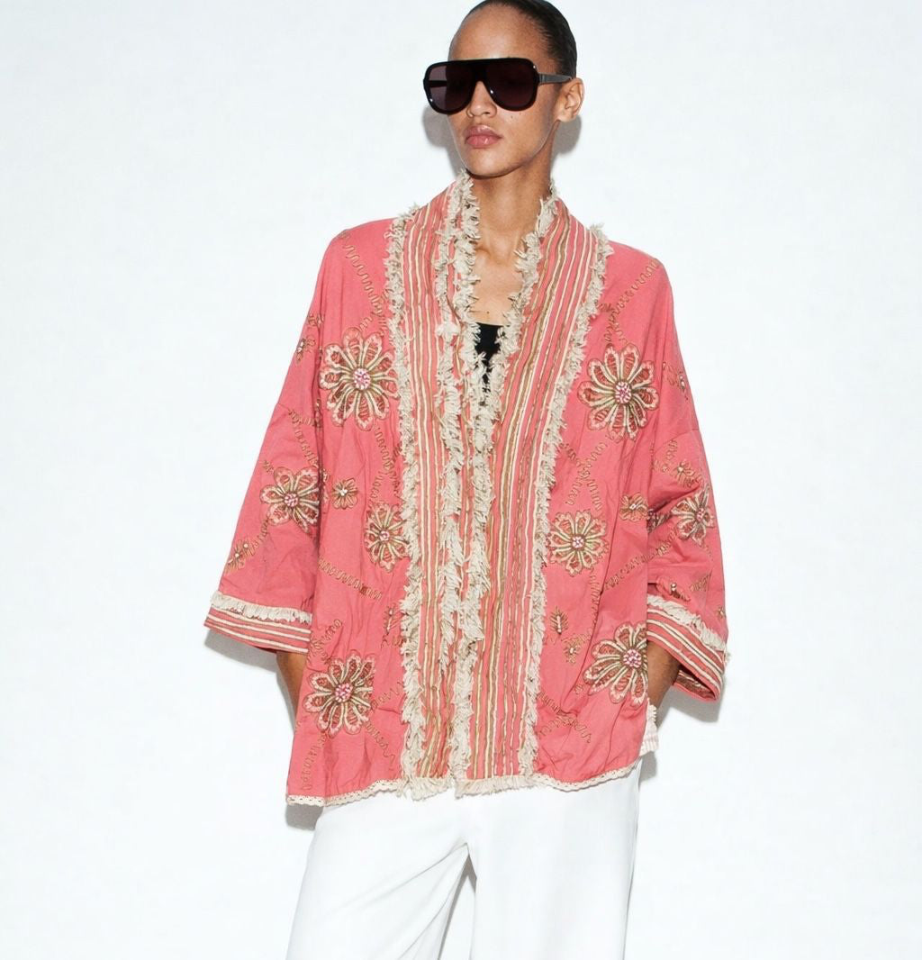 Cardigan embroidery fringes