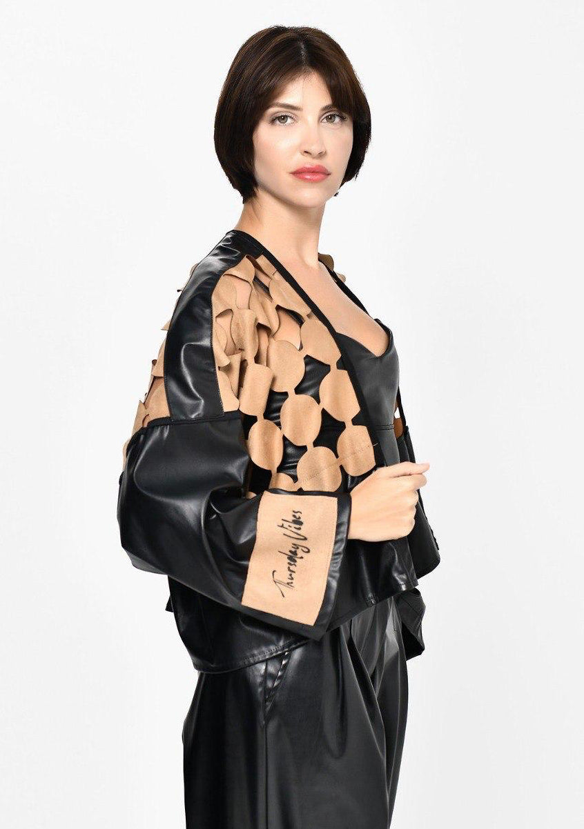 Black leather suede camel