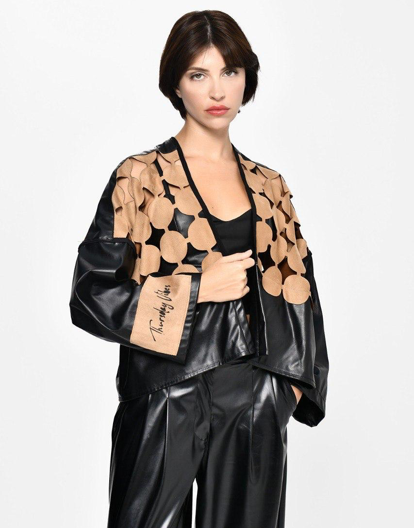 Black leather suede camel