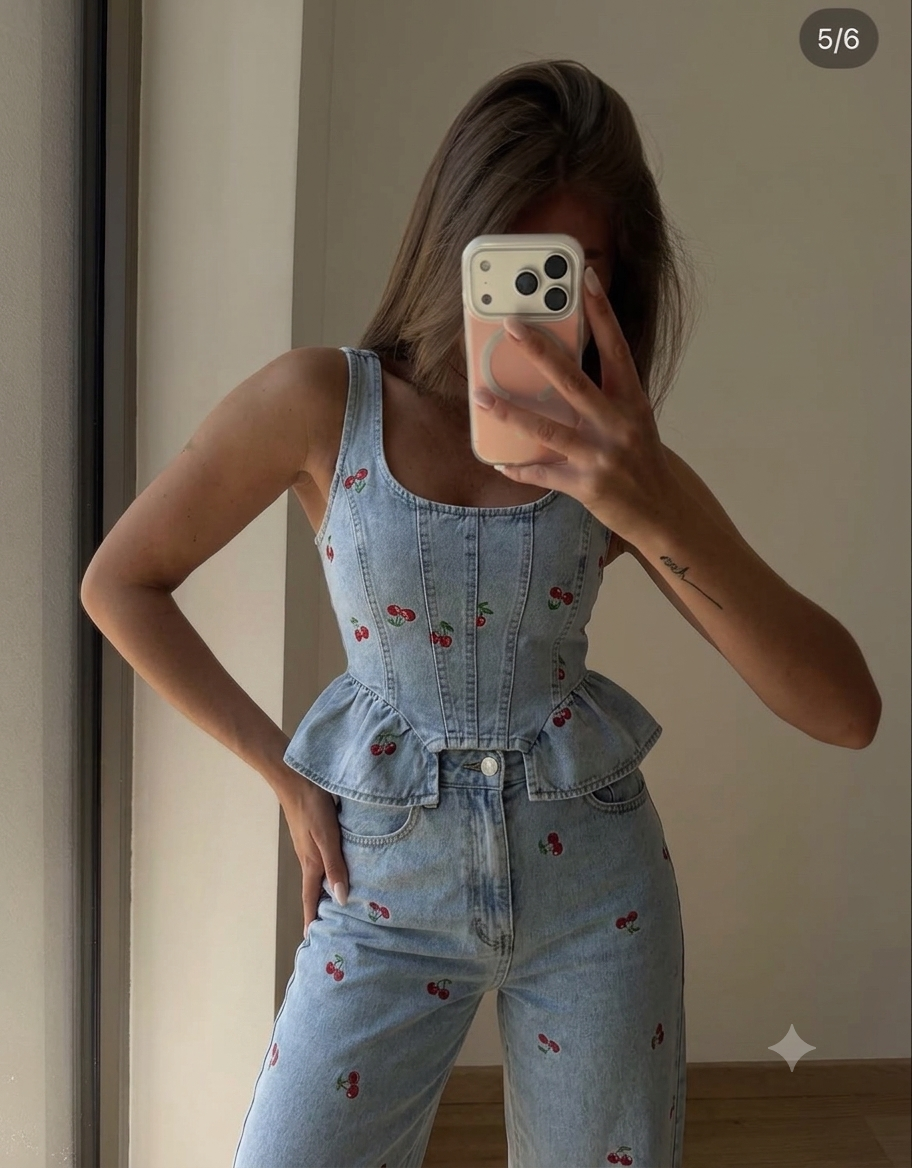 Set denim cherrys ruffels
