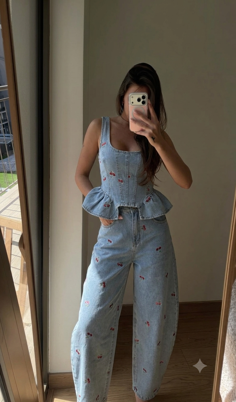 Set denim cherrys ruffels