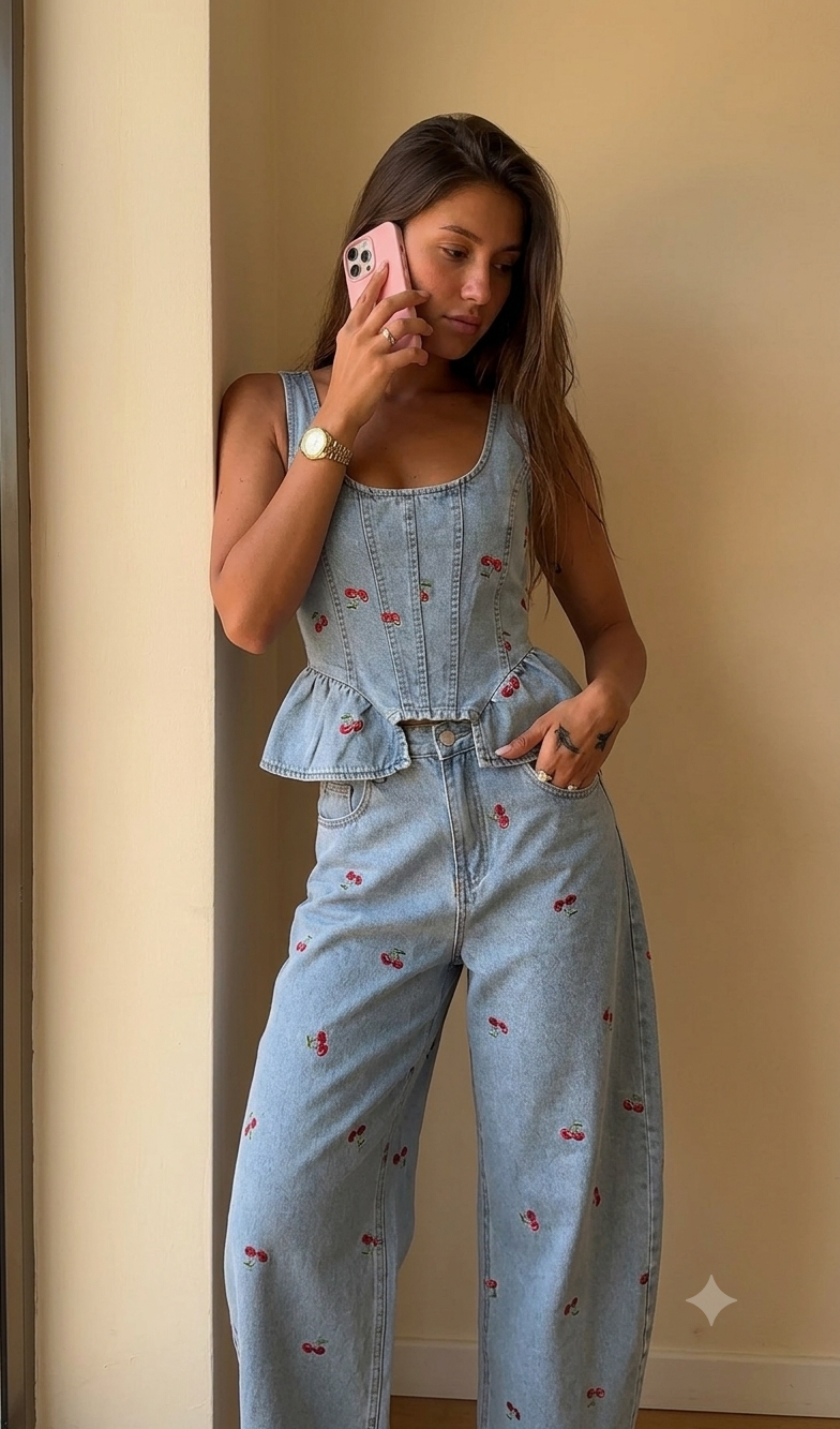 Set denim cherrys ruffels
