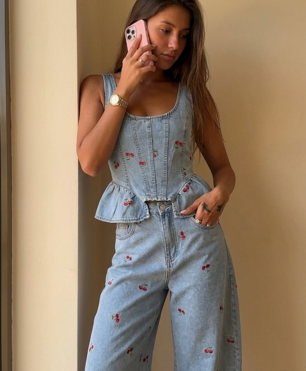 Set denim cherrys ruffels