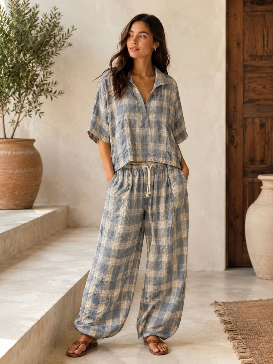 Set + Balloon pants checkered