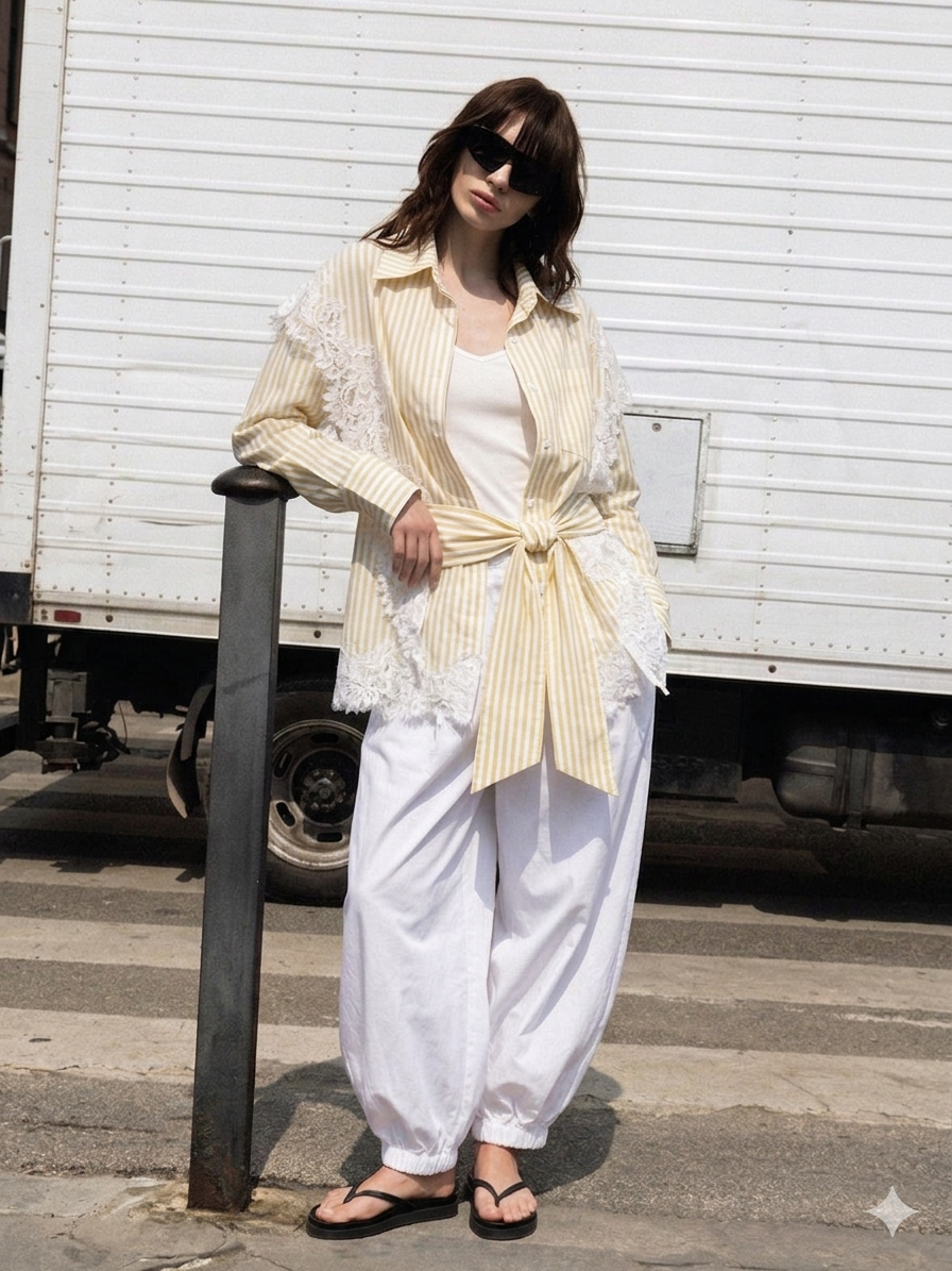 Shirt stripe beige lace