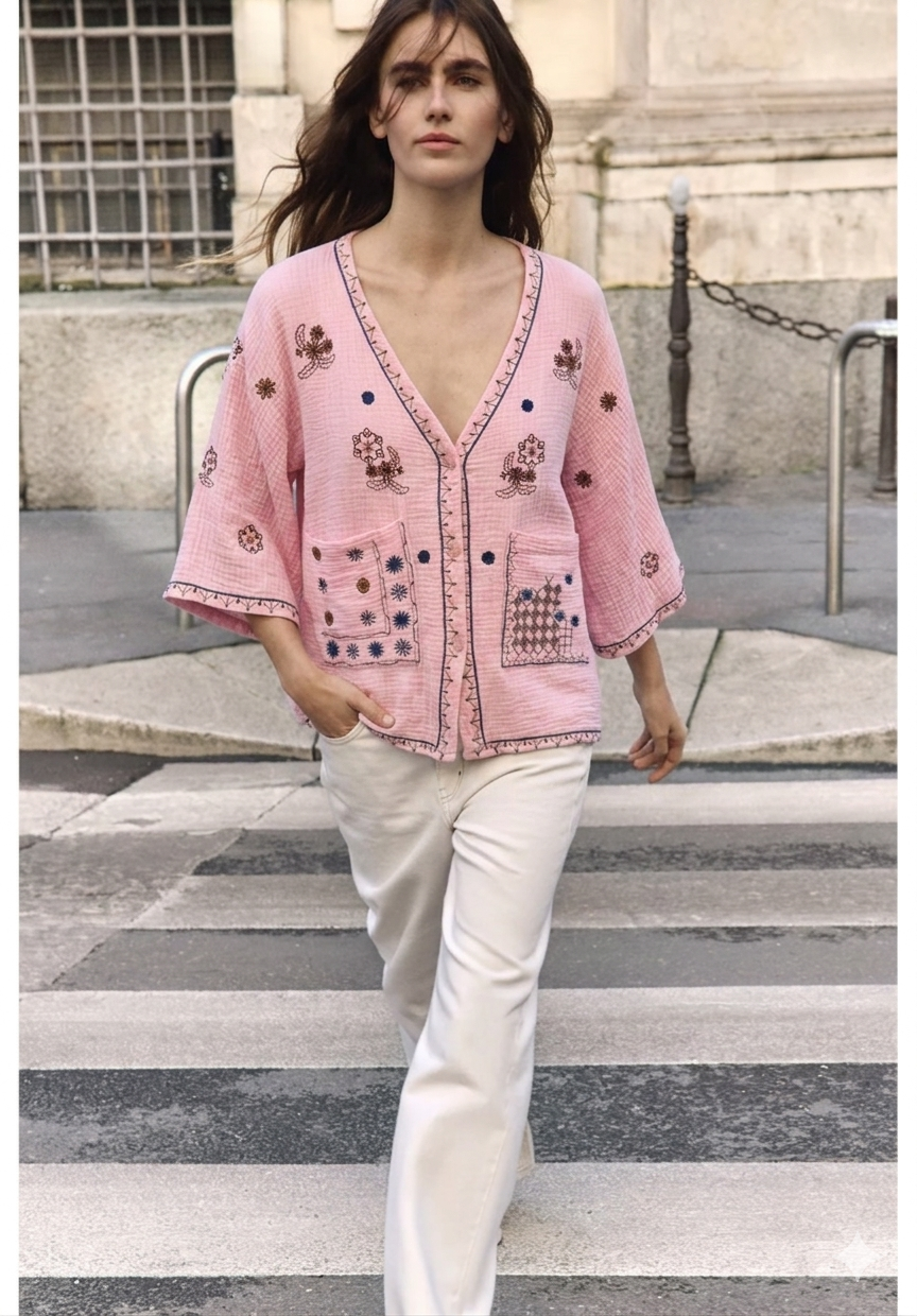 Shirt embroidery rose pink