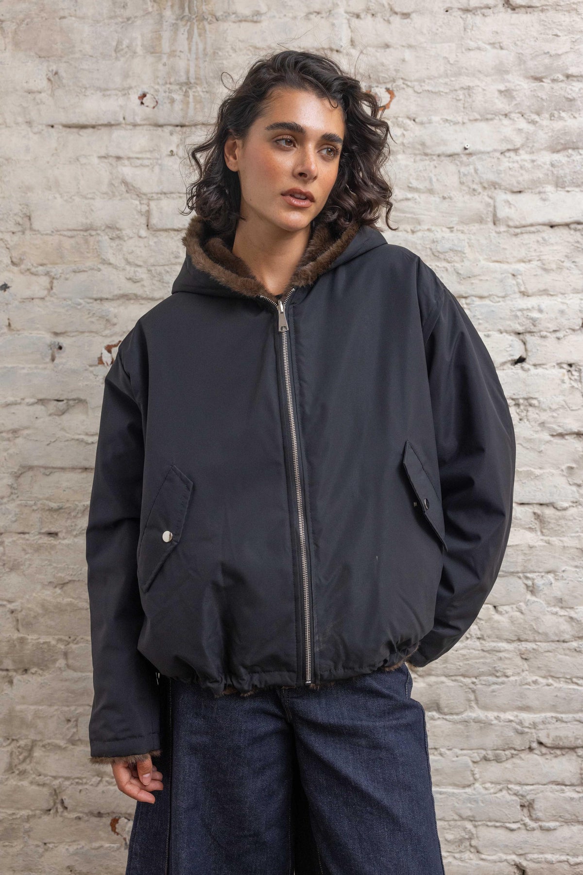 Jacket double face black brown fur