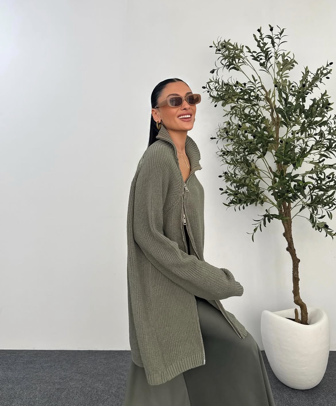 Light olive zipper knit